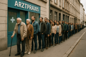 Warteschlange zahlreicher Patienten vor einer Arztpraxis