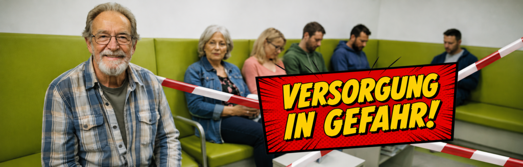 Besetztes Wartezimmer, teils mit Absperrband gesperrt, Schriftzug "Versorgung in Gefahr"